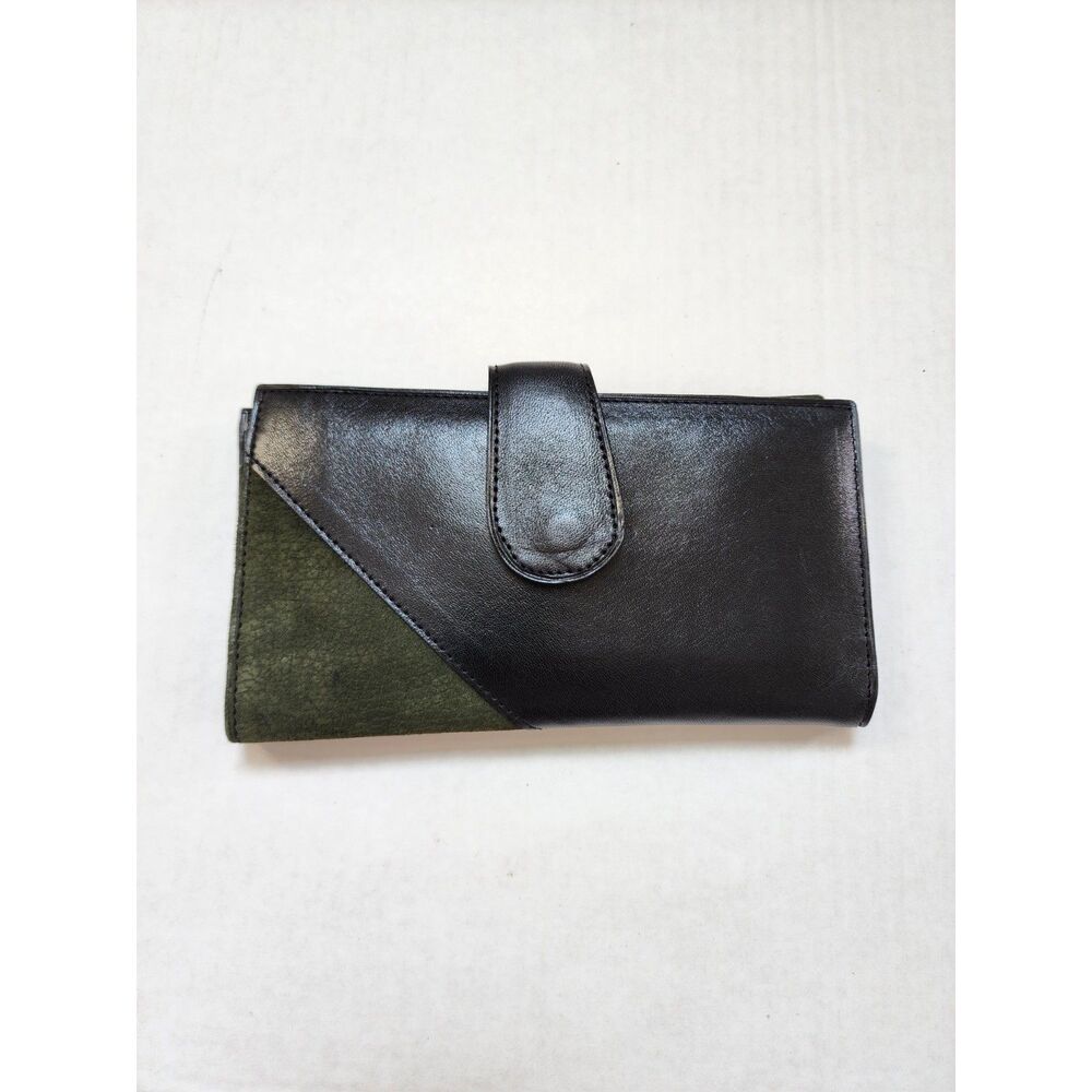 Vintage Colorblock Leather & Suede Long Bifold Wallet Black Green - Picture 2 of 9